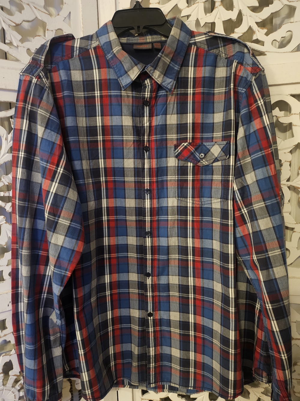 90's Vintage ESPRIT Blue and Red Plaid Button-Up Shirt